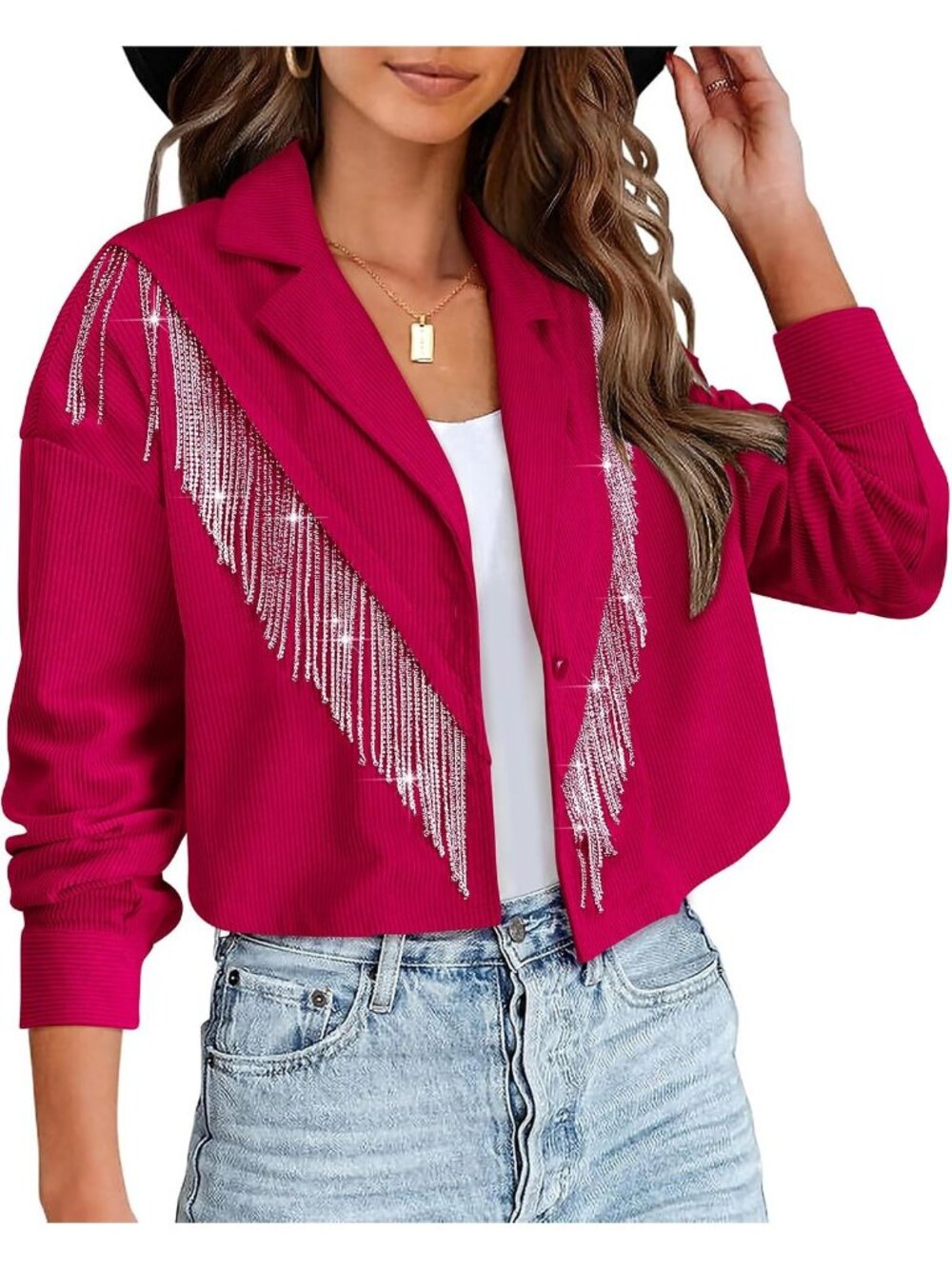 Women's Red Sparkly Fringe Western Cowgirl Cropped Jacket Daily Going Out Wear